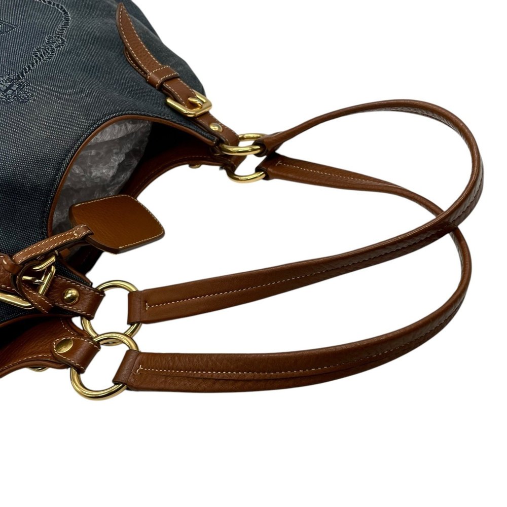 PRADA Prada Logo Jacquard Tote Bag Shoulder Denim Leather Blue Brown Gold Har... - Picture 13 of 16